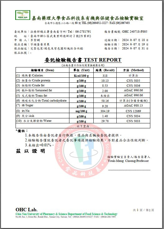 芋頭蛋黃貝果檢驗報告